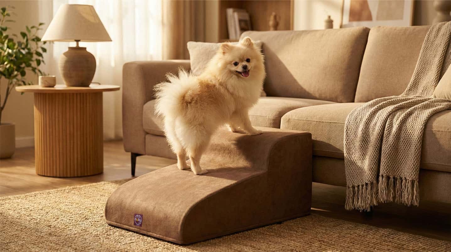 Cama para perros sorteando una sala moderna y acogedora en un ambiente hogareño cálido.